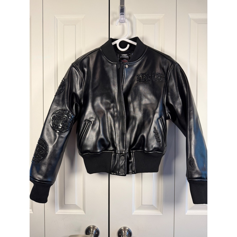 Pro Standard New York Knicks NBA Black Faux Leather Bling Bomber Jacket Womens M